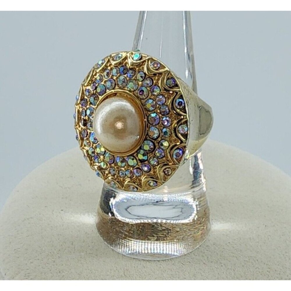 Unbranded Gold Tone Cocktail Ring Faux‎ Pearl Aurora Borealis Rhinestone Halo 8
